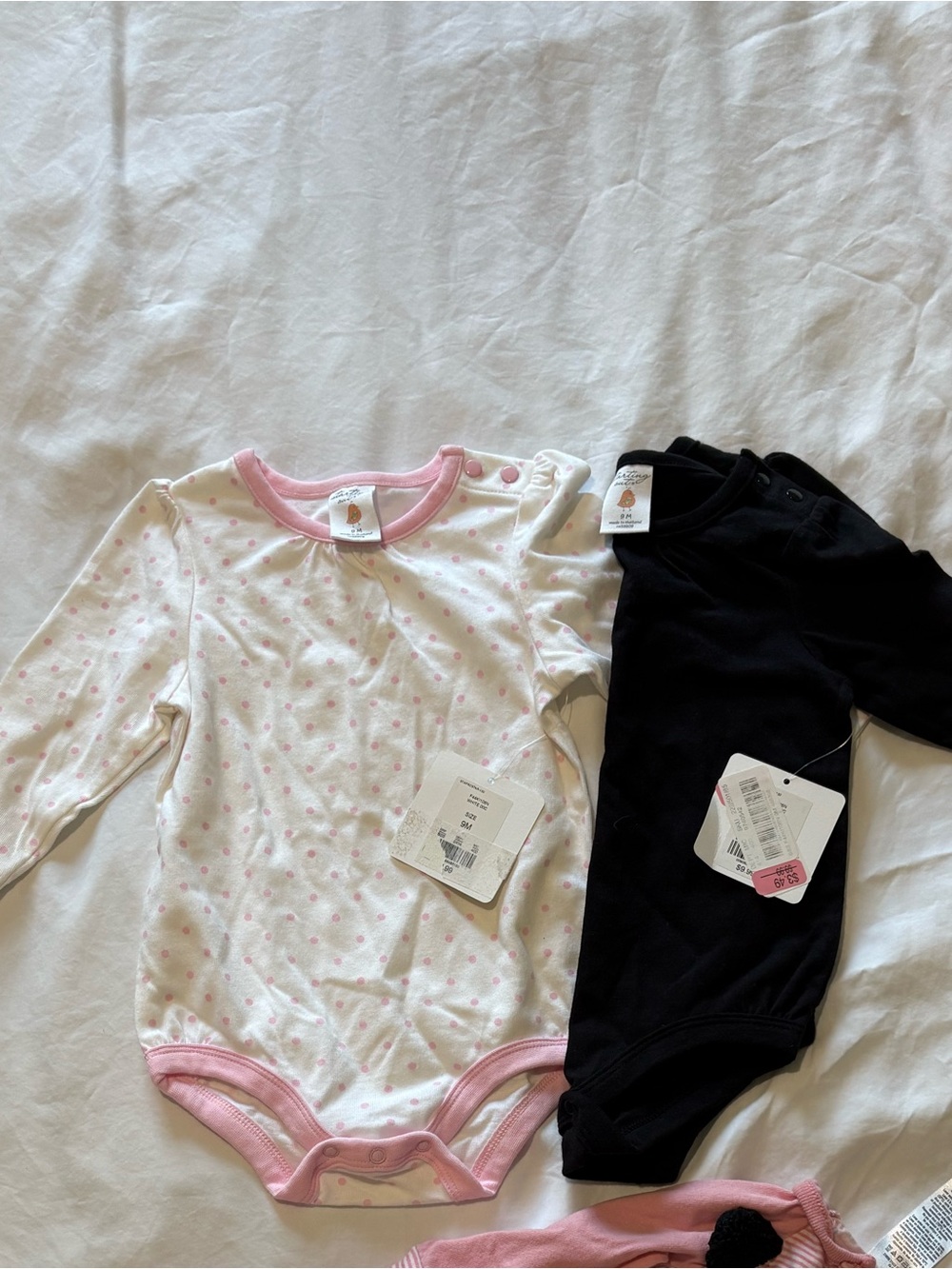 Starting Out - 2 Onesies - White and Pink Polka Dots and Black - 9 months